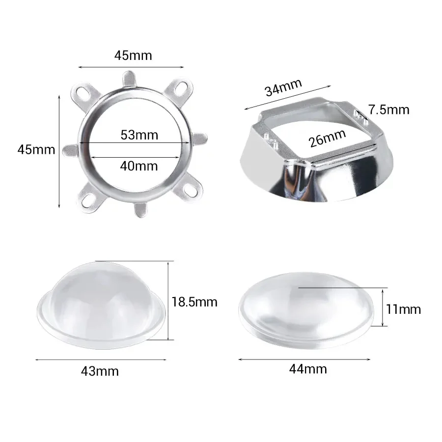 1 Set 44mm LED Lens Optical Glass 60 120 Degree + 50mm Reflector Collimator + Fixed Bracket for 20W 30W 50W 100W COB LED Chip