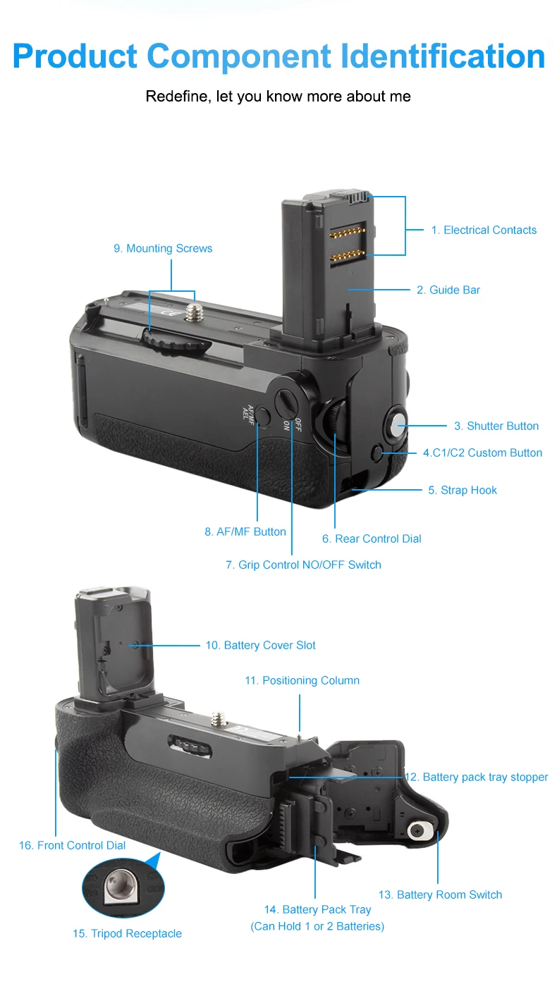VG-C1EM Vertikaler Batteriegriff für Sony A7 A7S A7R Spiegellose Kameras Doppelte NP-FW50 Steckplätze Vollformat-Handgriff für Porträtaufnahmen – Detail 9