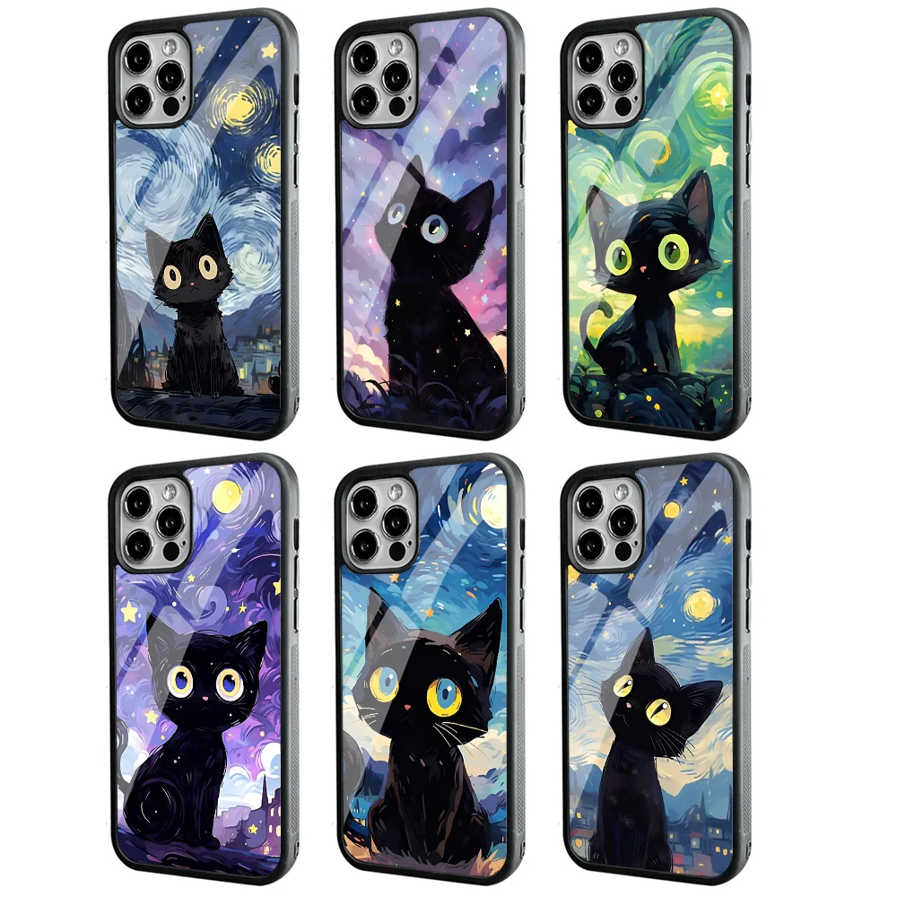 

Van Gogh Art Cute Kitty Cat Phone Case For IPhone 11 12 13 14 15 Plus Pro Max Mirror Acrylic PC TPU Cover