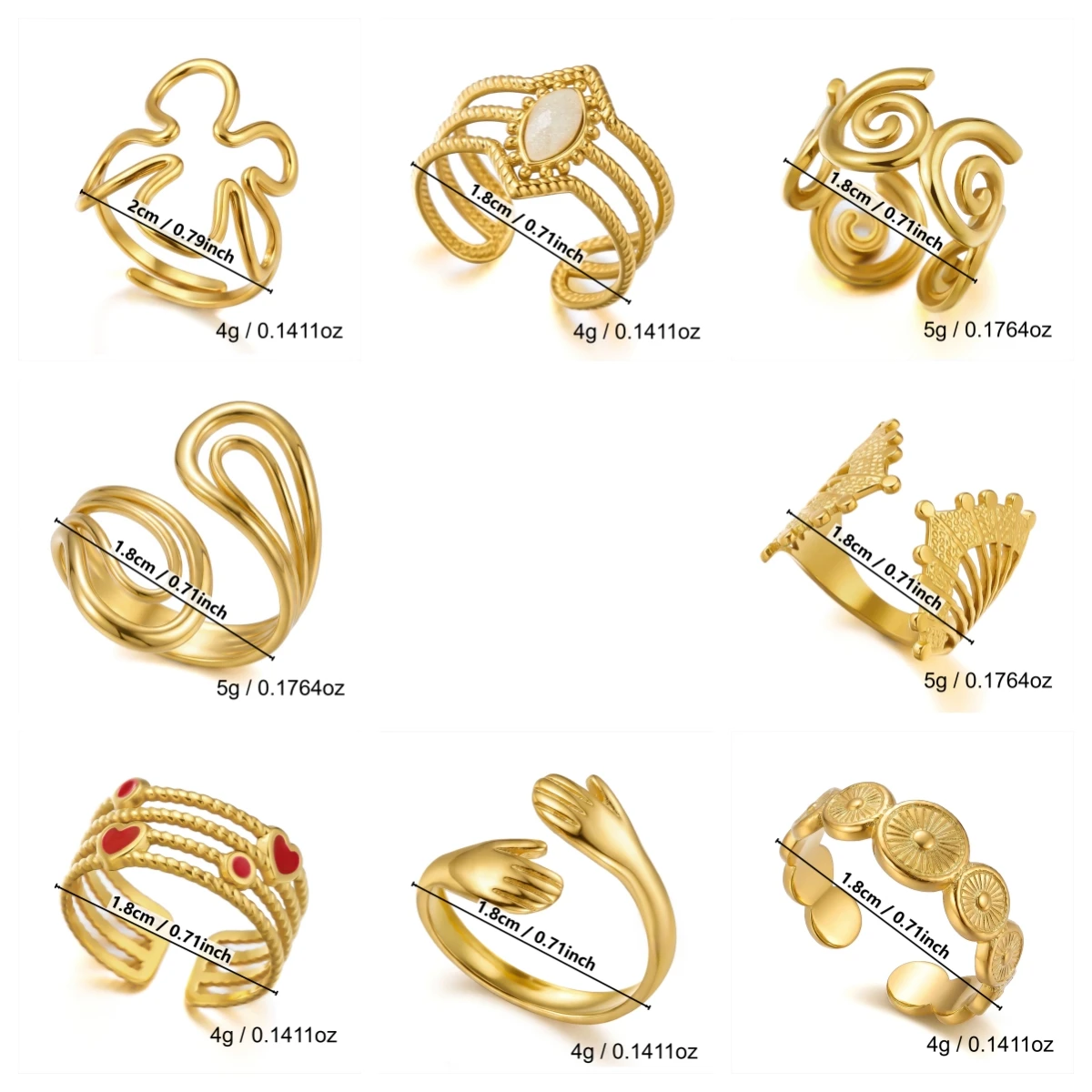 Vintage PVD-Vergoldete Edelstahl Offene Ringe Set für Frauen Geometrische Hohle Verstellbare Ringe Party Alltagsschmuck Wasserdicht – Detail 7