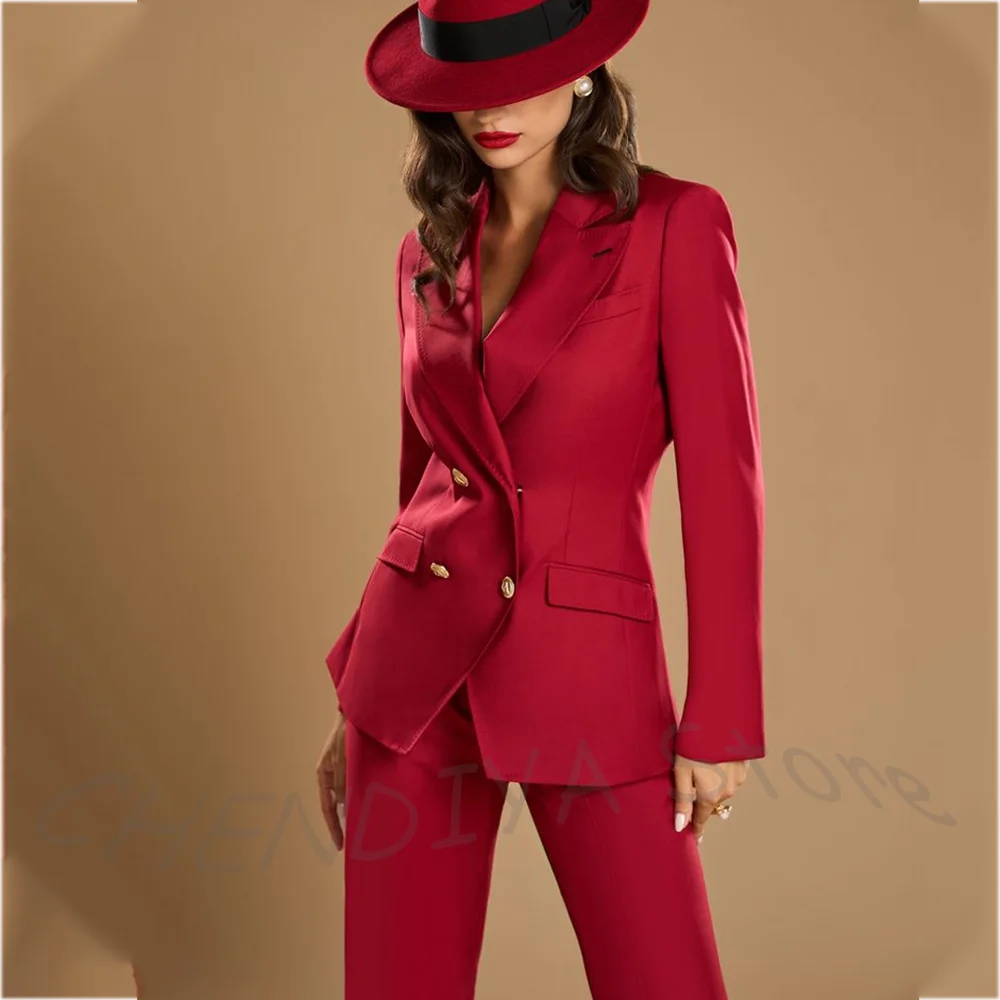 بدلة نسائية فاخرة ذات طية صدر السترة باللون الأحمر الزي الحديث قطعتين كلاسيكية مزدوجة الصدر مصممة خصيصًا طقم بدلة نسائية احترافية