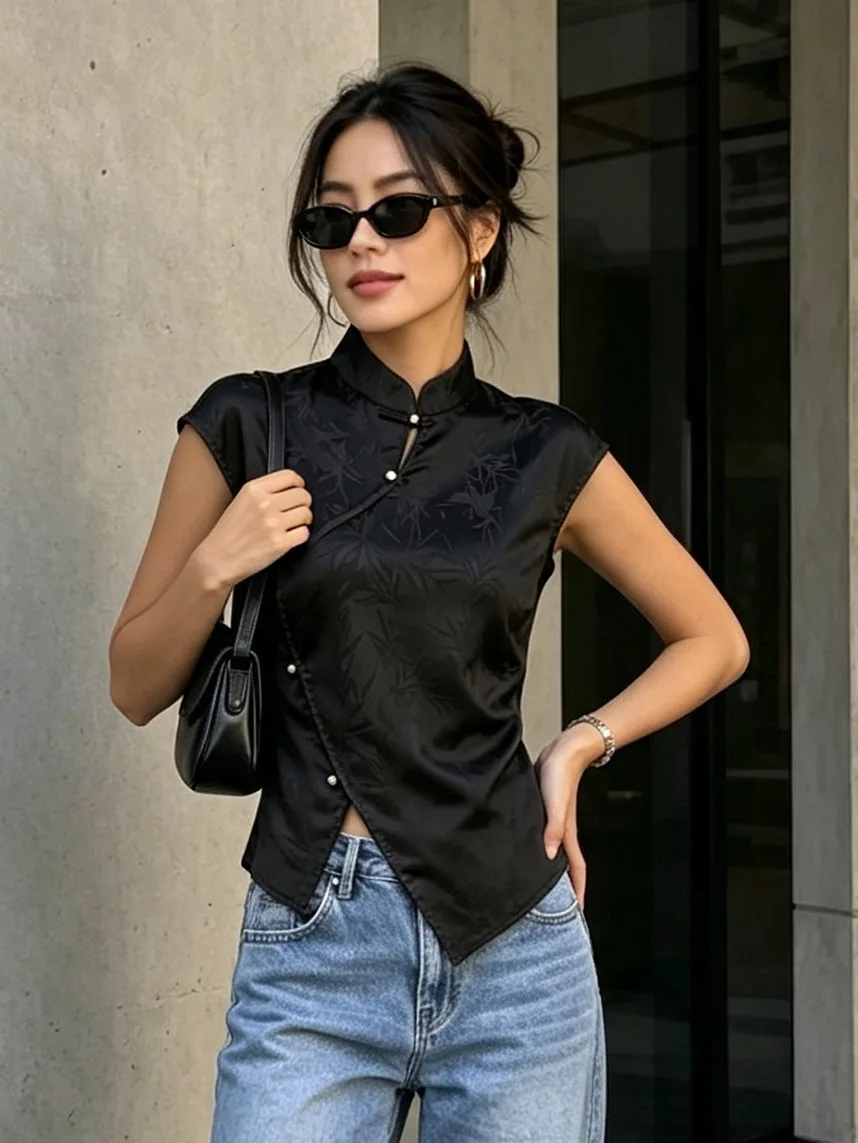 Women's Jacquard Sleeveless Vest Top Stand up Collar Pearl Button Detail Split Hem Shirt