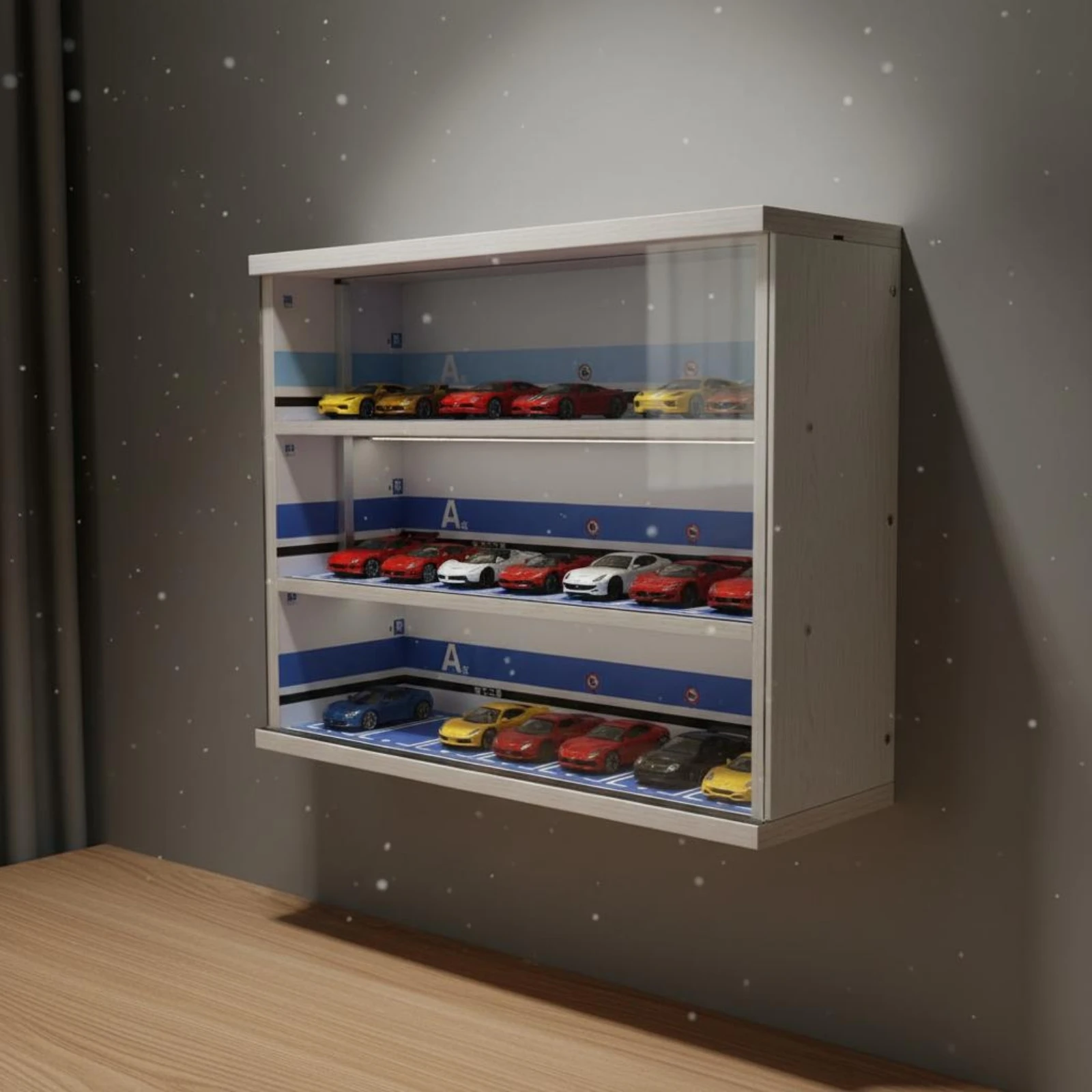 

Model Car Display Case Wooden Frame Parking Display Cabinet Model Parking Cabinet Realistic Mini Car Showcase LED Light