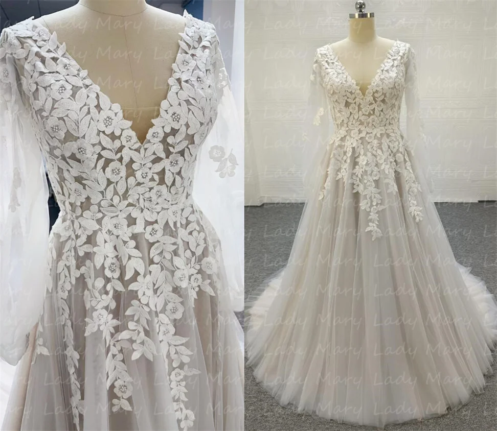 

Vintage Lace Wedding Dresses Real Photo V Neck Long Sleeves Formal Bridal Gowns Outdoor Country Marriage Robe Robe De Marié