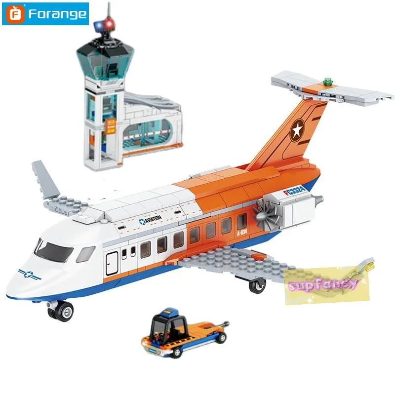 697pcs Forange  Aviation Cargo Plane Helicopter Airport Airbus Airplane Control Tower DIY Building Blocks Toy Set Kids Boy Gift