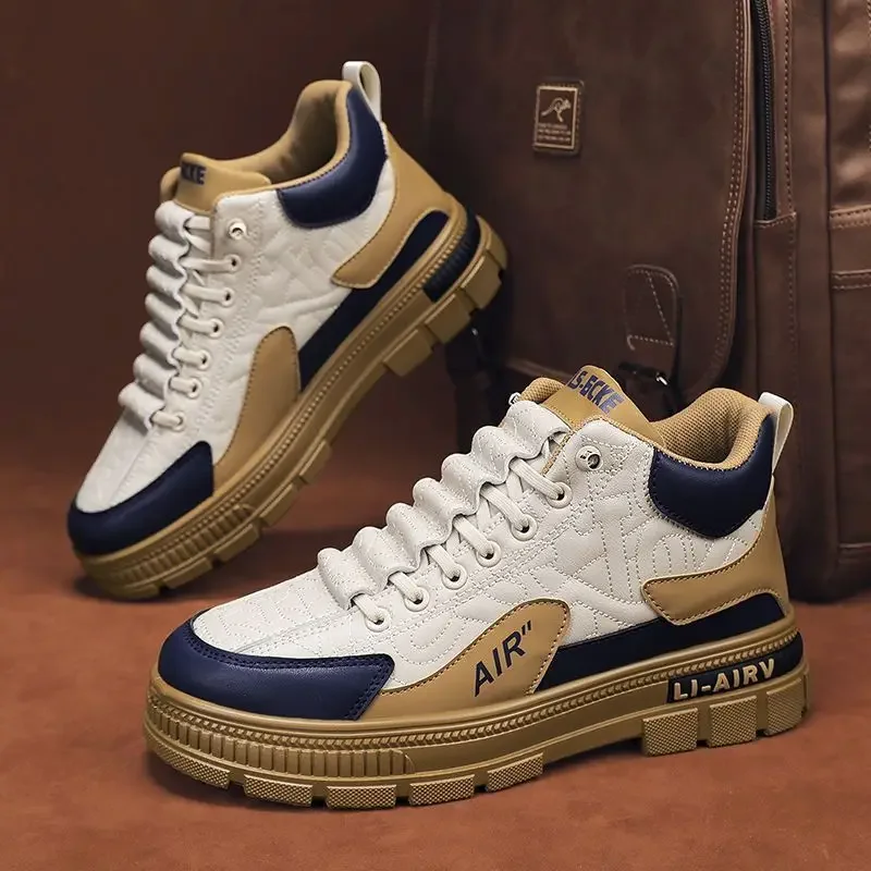 

Новинка весны 2025 года, модные мужские спортивные туфли для скейтбординга со средним верхом, повседневная рабочая обувь на толстой подошве со шнуровкой и цветными блоками