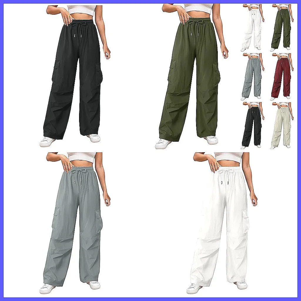 

Women's Casual Wide Leg Pants with Drawstring Elastic Waist - Solid Color Comfort Trousers