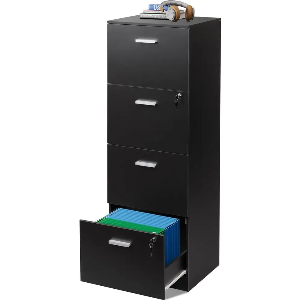 Cabinet with Lock, A4/Letter Size Files, Wood Storage Organizer or Home Office, Black