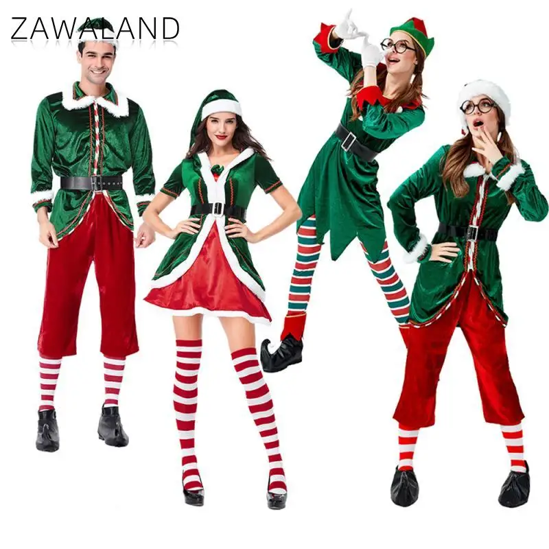 

Zawaland Christmas Elf Costume Woman Man Xmas Party Cosplay Outfit Adult Top Pants Set with Shoe Cover Hat Fancy Holiday Clothes