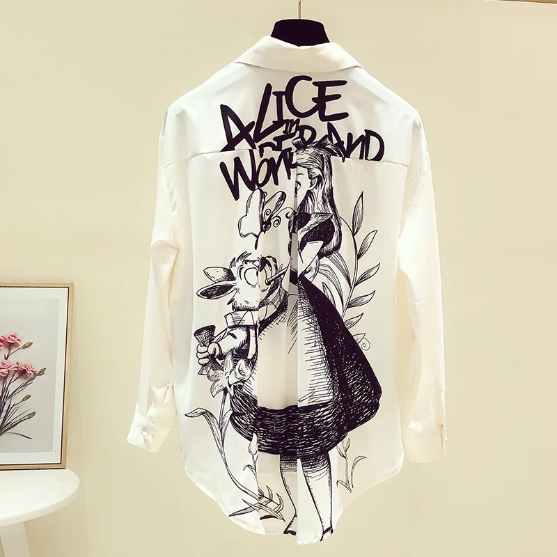 Cartoon Print Shirt Women Single Breasted Lapel Long Sleeve White Chiffon Shirts Asymmetrical Loose Womens Tops And Blouses