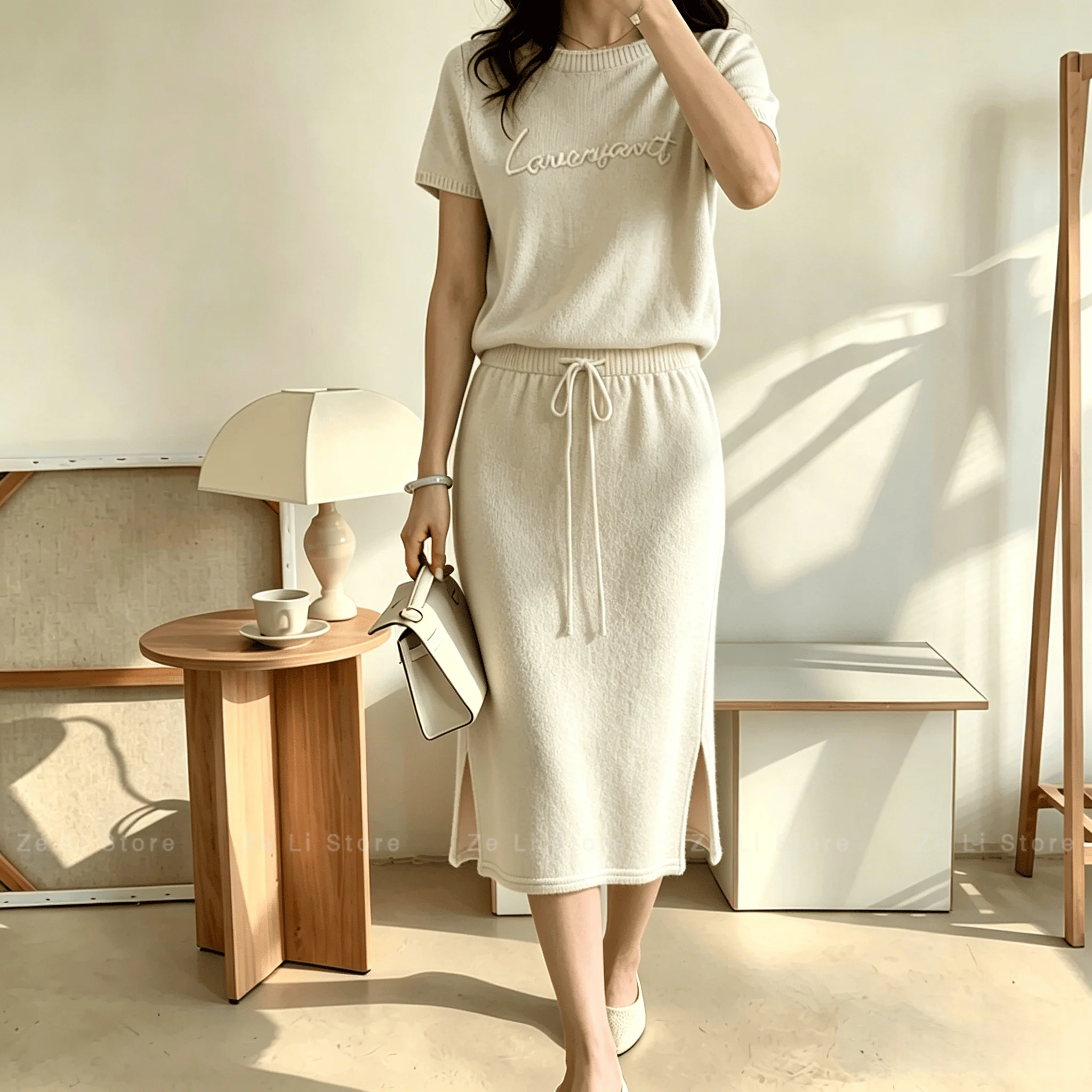 

Women's Short-sleeve Suit: New Summer Fashion, Elegant Knitted Cardigan with Midi Skirt, High-end Two-piece Set
