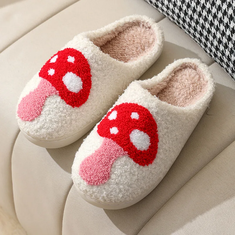 

Winter Home Slippers Indoor Warm Women Embroidery Fuzzy Mushroom Casual Cute Exquisite Anti Slip Comfortable Fashion Plush Shoes