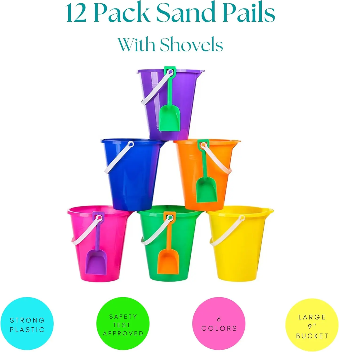 9" Large Sand Bucket with Shovel [12 Pack Bulk] Beach Buckets - Beach Toys for Kids & Toddlers, Party Favors Holders, Easter Bas