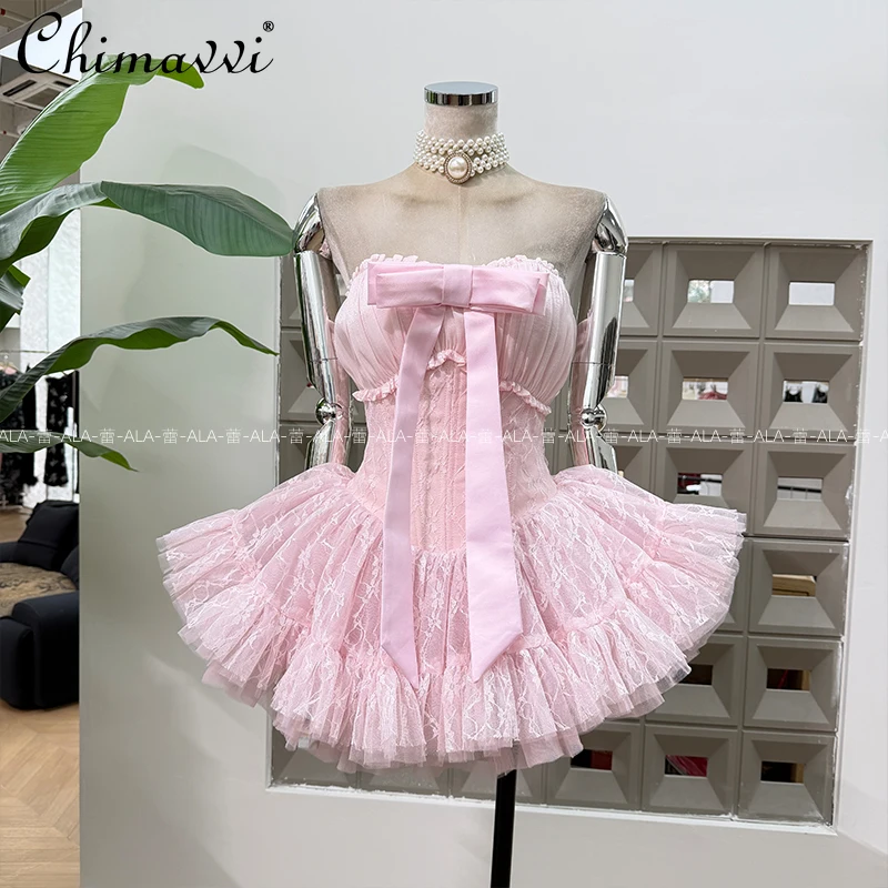 

Fairy Sweet Sexy Bowknot Strapless Fishbone Waist Cinching Puffy Dress Spring Summer New Fashion Girl Party Short Princess Dress