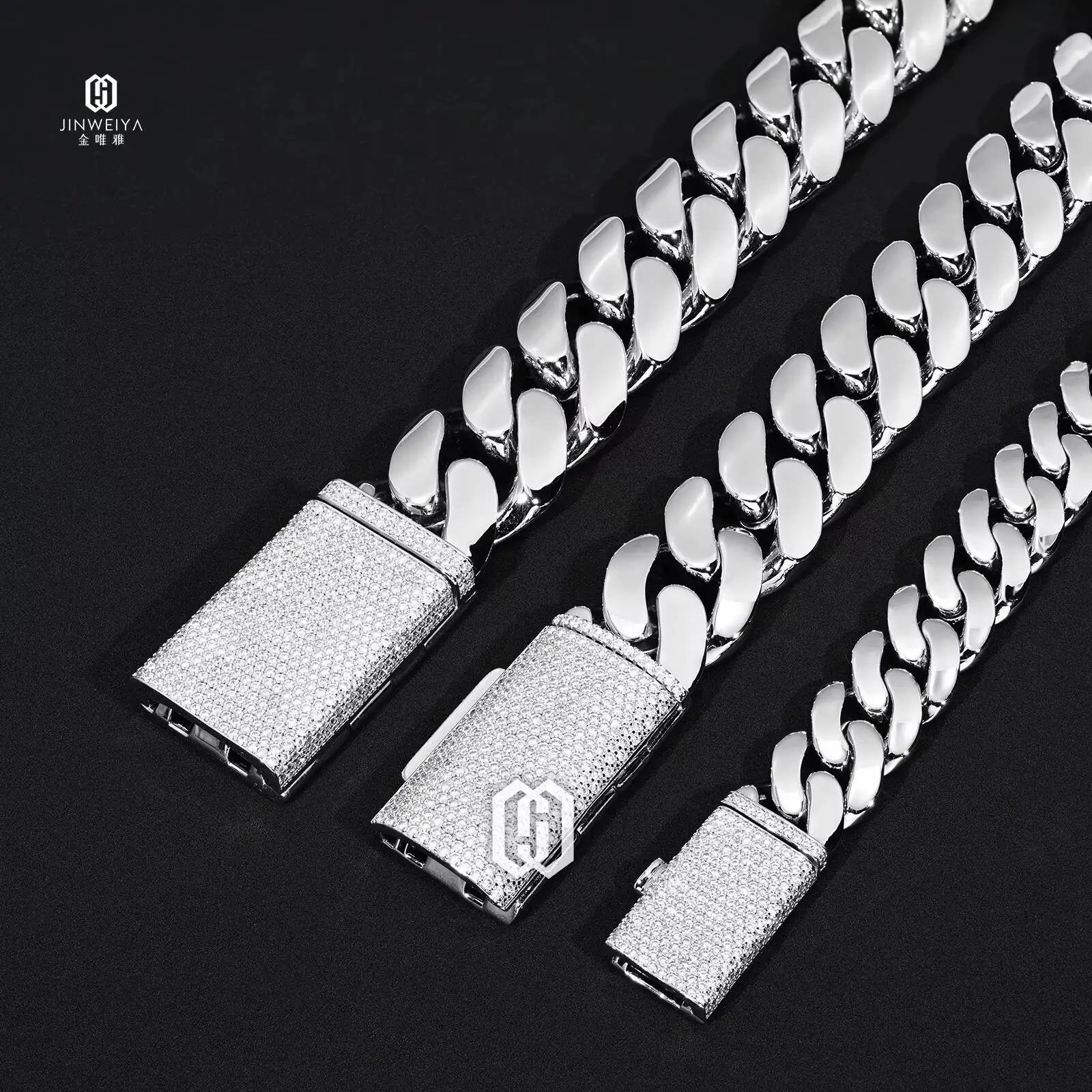 Luxury 23mm 20mm 14mm Iced Out Miami Cuban Link Chain Hip Hop Iced Out VVS Moissanite Clasp Brass Rhodium Plated Iced Out Neckla