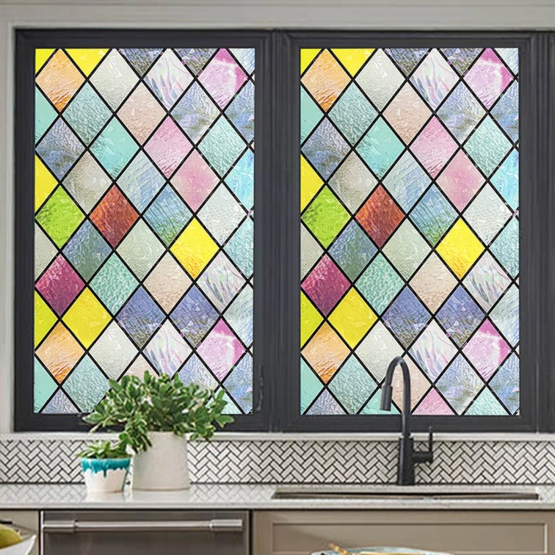 Stained Glass Window Film, Window Privacy Films, Colorful Lattice Window Tint, Rainbow Glass Decals Stickers for Home Anti UV