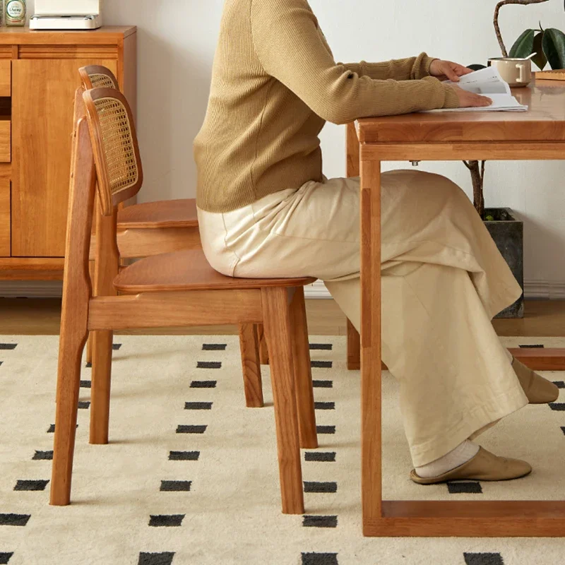 Solid Wood Dining Chairs For Home Dining Casual And Simple Commercial Use Retro Rattan Woven Backrest Stool