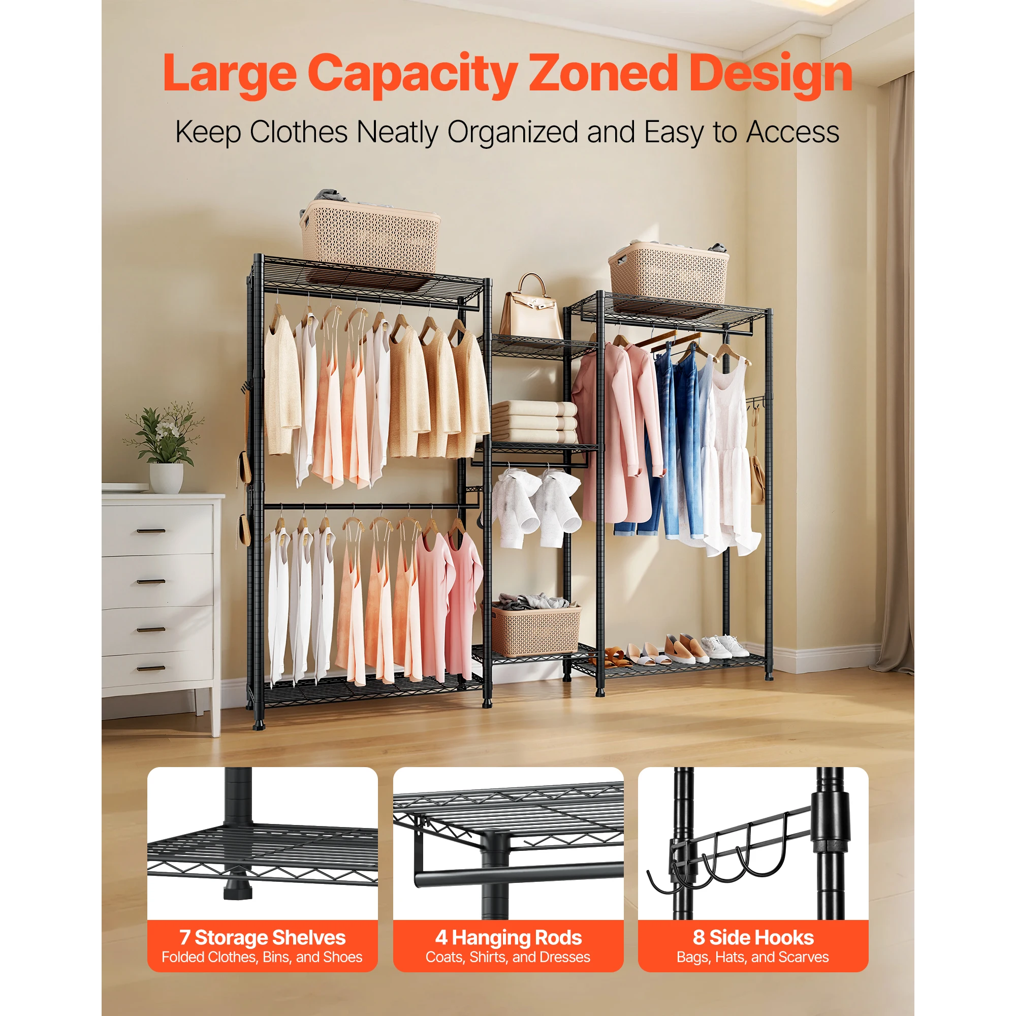 Clothing Garment Rack, 7 Adjustable Tiers Clothes Racks with Steel Frame, 850 lbs Load Capacity Clothes Rack with 4 Hanging Rods for Bedroom, Heavy-Duty Closet Wardrobe, Clothing Store, Hallway