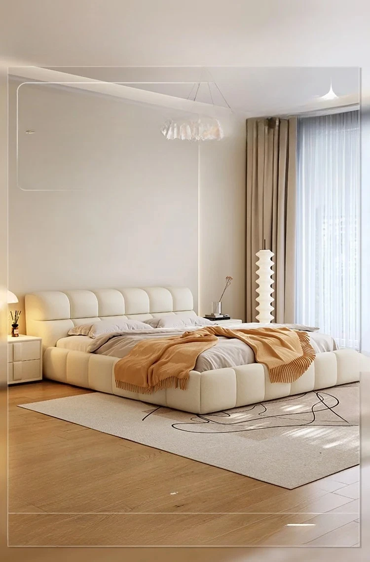 Modern Simple Cream Cloth Bed with High Box Storage Italian Master Bedroom Soft Bag Puff Bed Double Bed with Wooden Frame