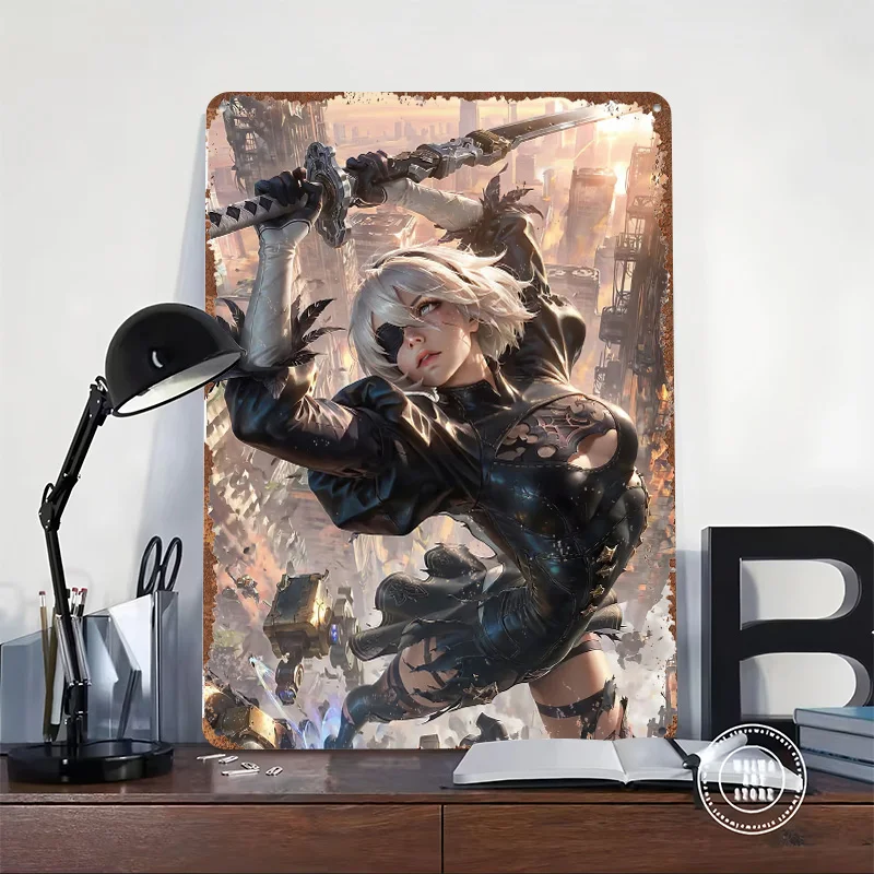 2B Nier Automata Sword Action Personalized 3D Textured Metal Poster Wall Art Tinplate Sign for Coffee Bar Accessories Home Decor