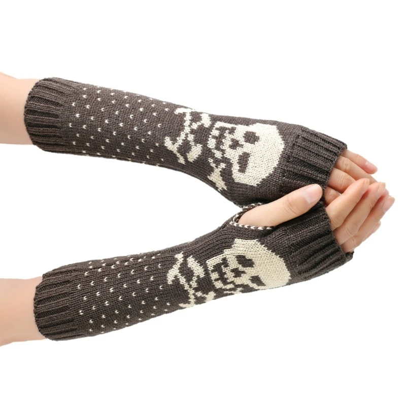 Girls Lengthen Wrist Crochet Fingerless Gloves Half Finger Keep Warm Skull Pattern Mittens for Women Winter Supplies