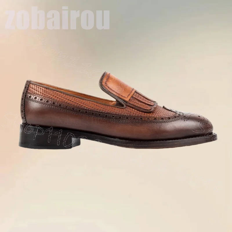 

Brown Knitted Carving Design Tassels Loafers Fashion Slip On Men Shoes Luxury Handmade Party Feast Office Dating Men Dress Shoes
