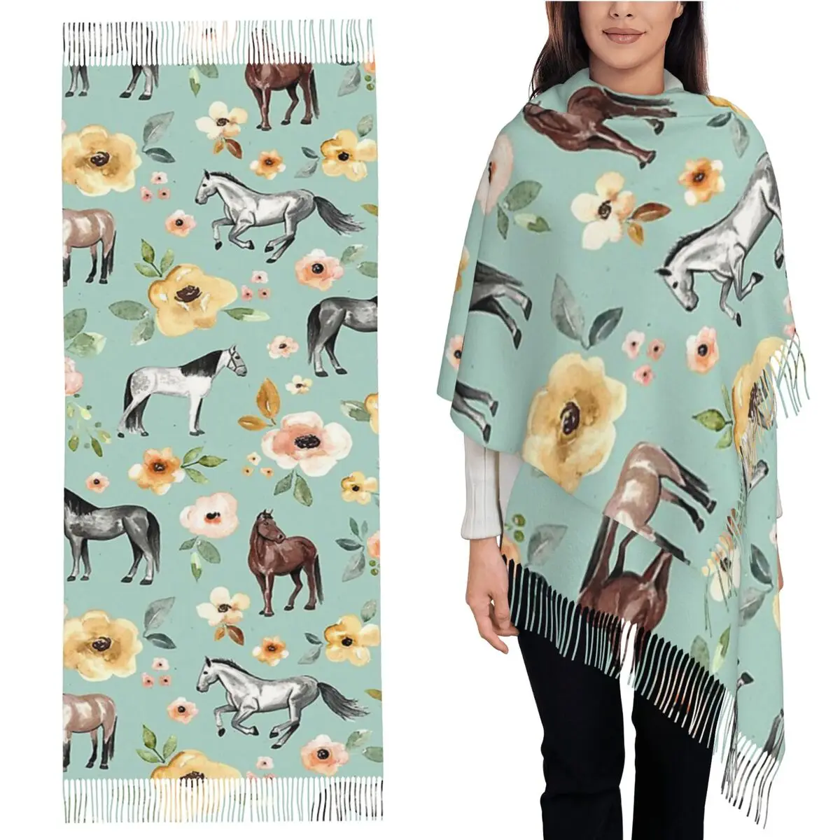 

Лошади с цветами, восход цветов, синий, декор в виде лошади Шарф с кисточками Шарфы Женские шали и накидки Большая осенне-зимняя шаль