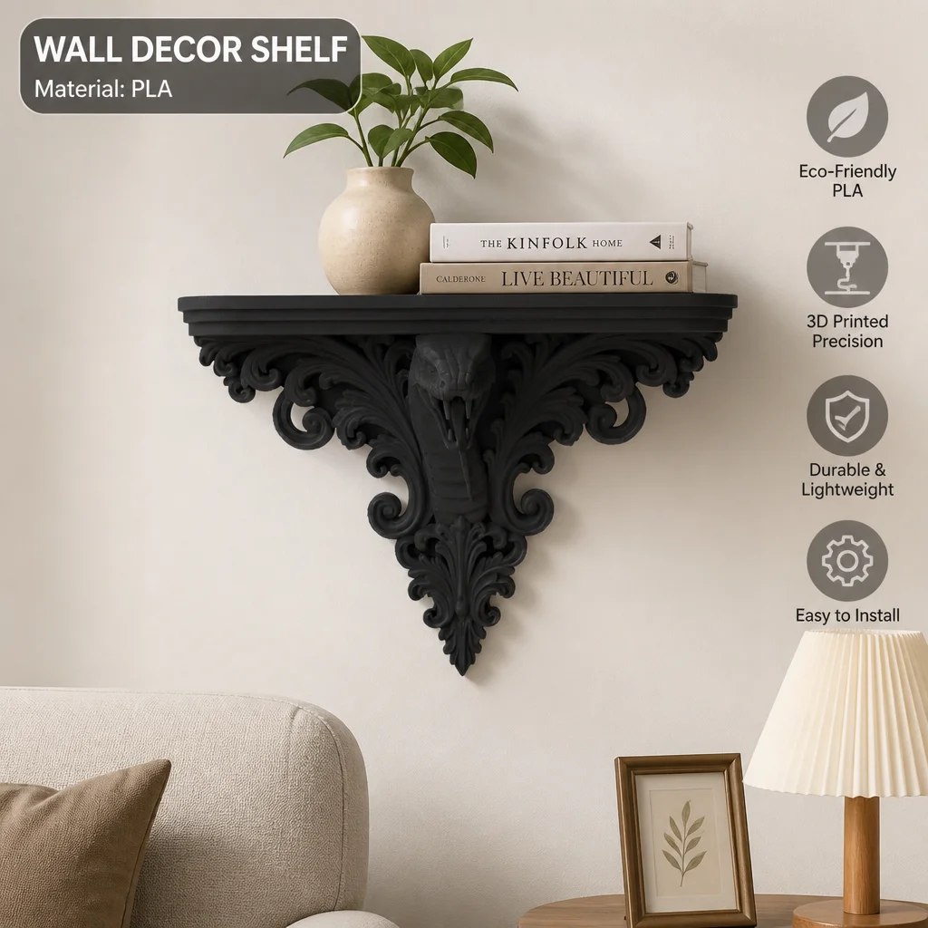 Gothic Cobra Head Wall Shelf, Black PLA Plastic Ornate Floating Display Shelf for Dark Academia Halloween Witchy Home Decor