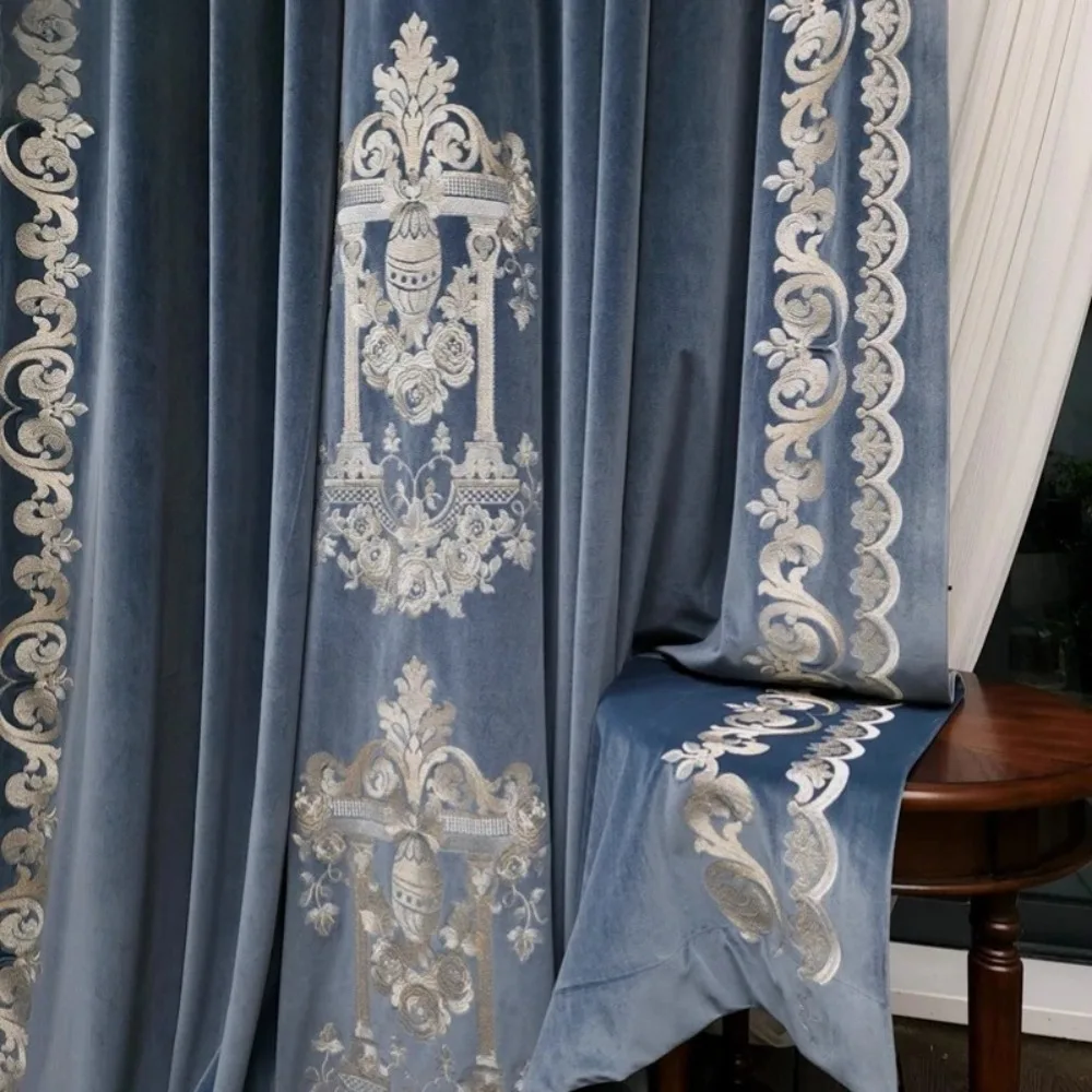 Curtains for Living Room Bedroom French Light Luxury Embroidery Blue Velvet European High-end Villa Blackout Curtains Custom