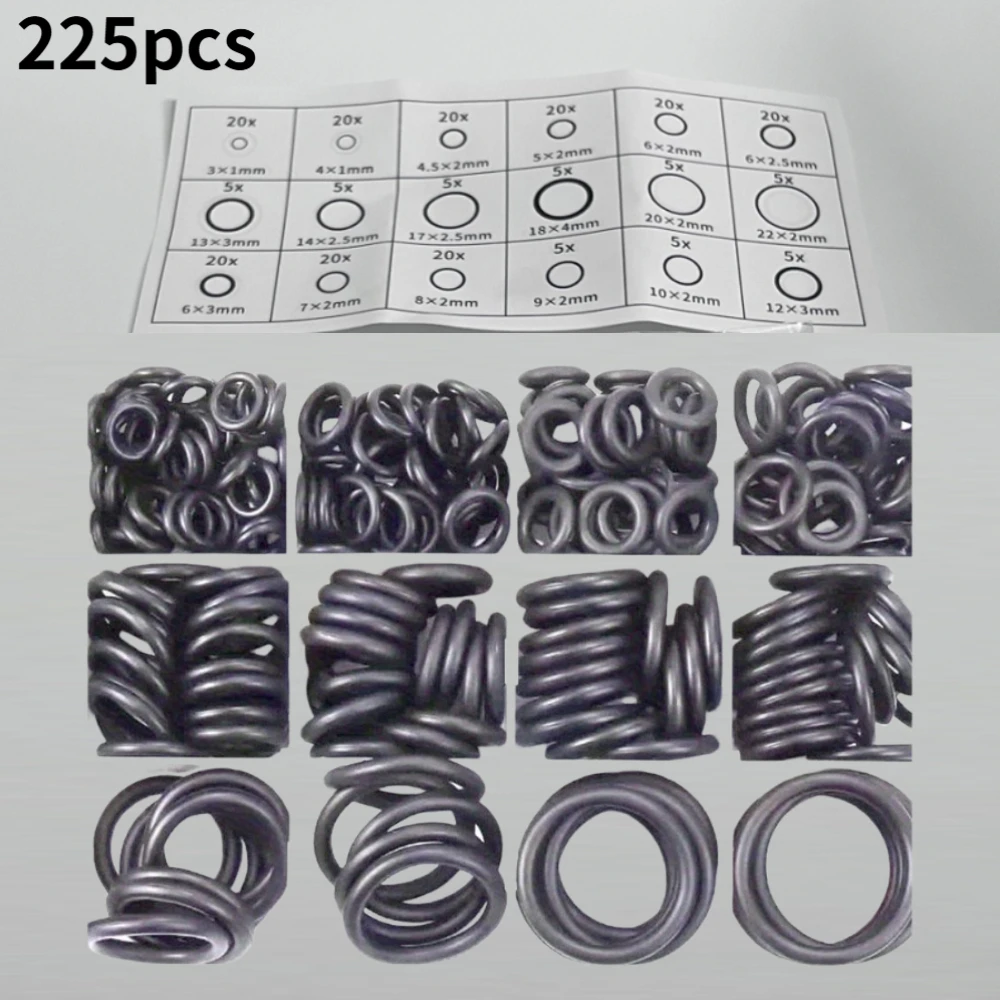 225pcs Silicone O-ring Set, 18 Sizes Oil & Water Resistant Rubber Seals for Cars Repair & Machinery Plumbing Rubber Sealing Ring