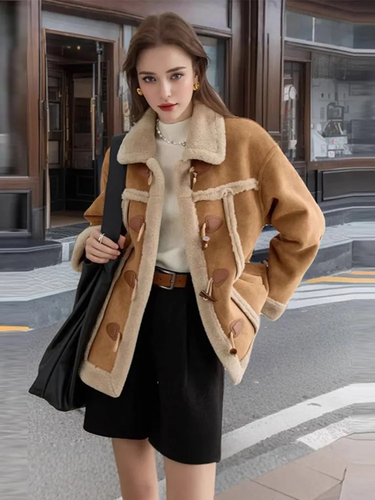 

Fashion Retro Brown Women's Coat Suede Plush Winter Warm Windproof Coats Women New Turndown Collar Single Breasted Outerwears