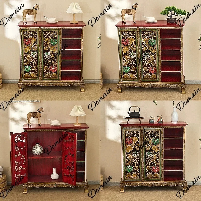 Thai Solid Wood Shoe Cabinet Vintage Carved Entryway Table Southeast Asian Style Hallway Storage