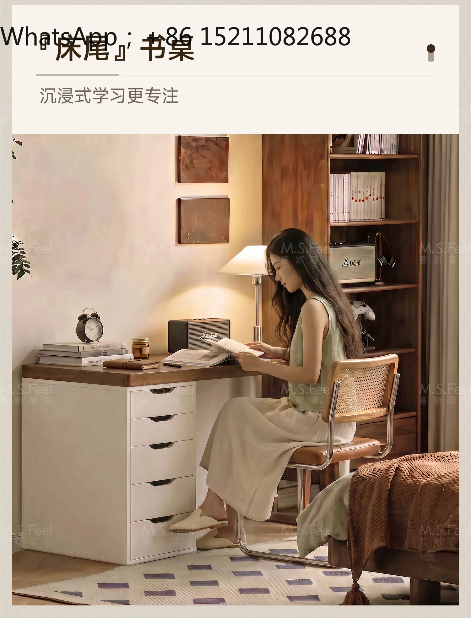 SCY black and white desk with drawers, home study table, bookcase integrated adult dressing and writing desk