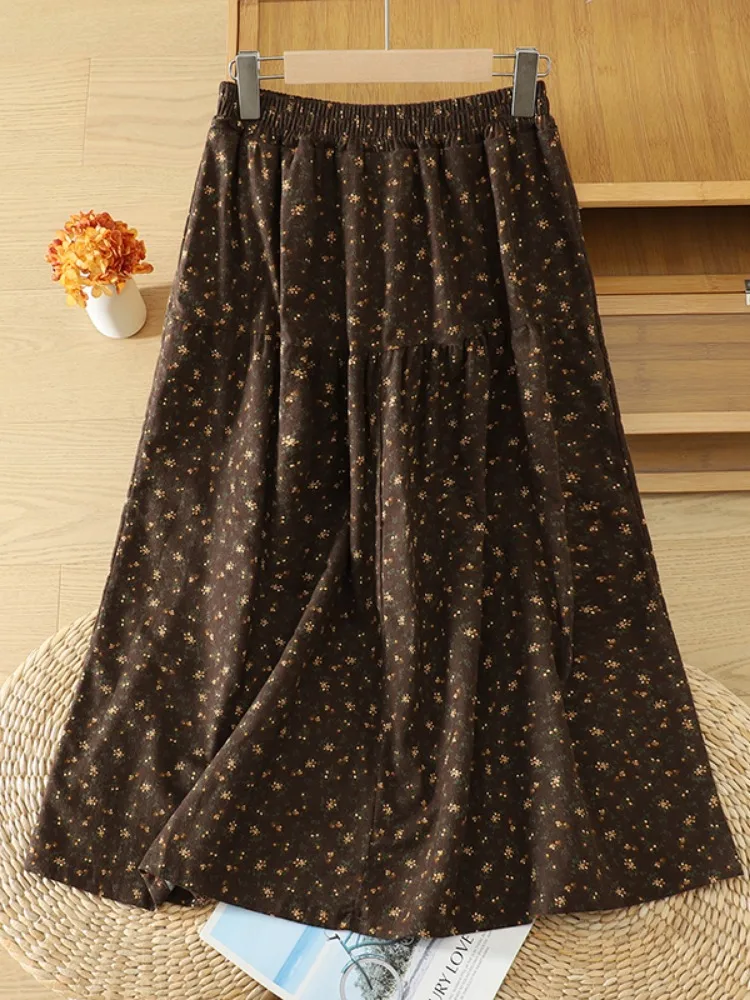 Retro Japanese Style Flocking Floral A-Line Umbrella Skirt Women's plus Size Autumn Young Style Outerwear Midi Skirt