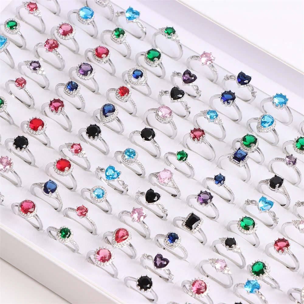 20Pcs/Lot Colorful Zircon Rhinestone Opening Women Rings Wedding Engaged Anniversary Valentine\'s Day Jewelry Accessories Gifts