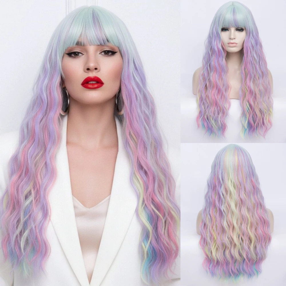 

MSIWIGS Женский длинный волнистый парик розового цвета с эффектом омбре из термостойкого синтетического волокна с челкой для вечеринки на Хэллоуин