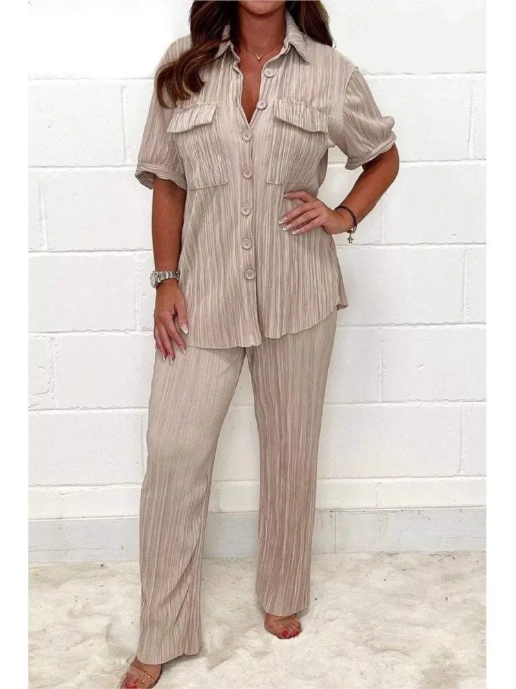 Summer Fashion Solid Color Pleated Two Piece Sets Women Sexy Lapel Short Sleeve Button Up Shirt Long Pants Casual Two Piece Set