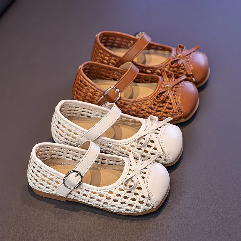 

Girls Princess Sandals Spring Summer New Baby Hollow Breathable Shoes Children's Woven Mary Jane PU Leather Shoes