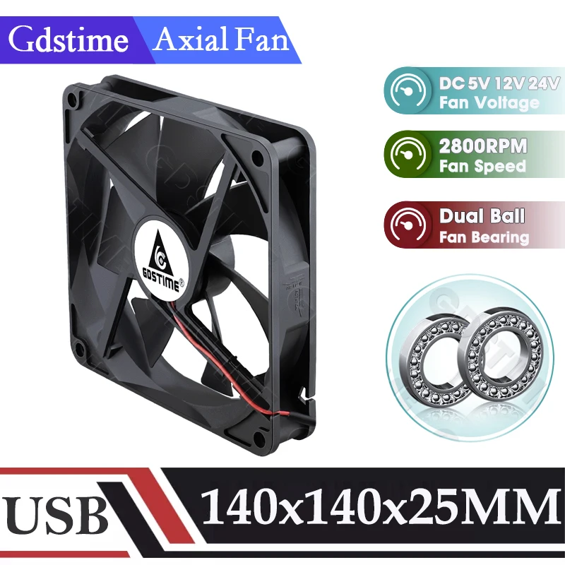 GDSTIME 140mm Fan 140*25MM PC Fan 12V CPU Case Cooler Fan 24V Mechanical Fan 5V USB Fan 14025 Axial Fan for Laptop GPU Cooling
