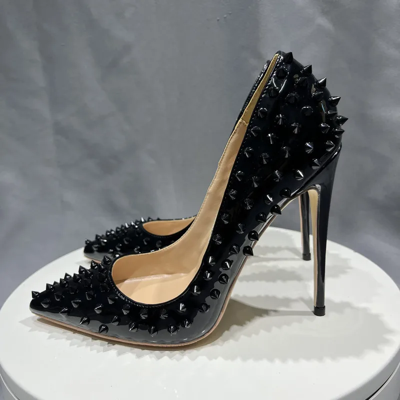 Tikicup Full Spikes Women Black Patent Pointed Toe Extremely High Heels Sexy Ladies Club Party Stiletto Shoes Punk Rivets Pumps