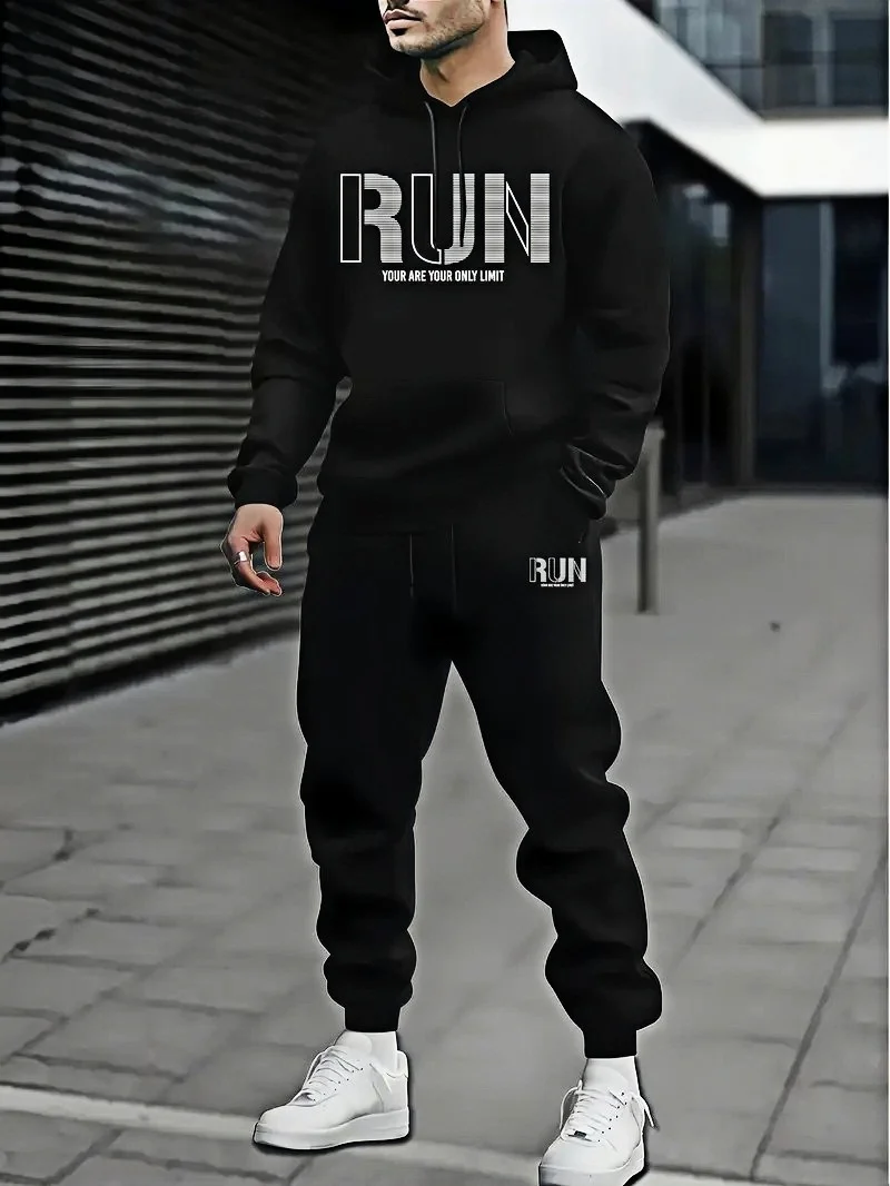 

Модный костюм с капюшоном с буквенным принтом RUN для мужчин, весенне-осенняя повседневная свободная спортивная одежда, дышащие спортивные костюмы из двух предметов