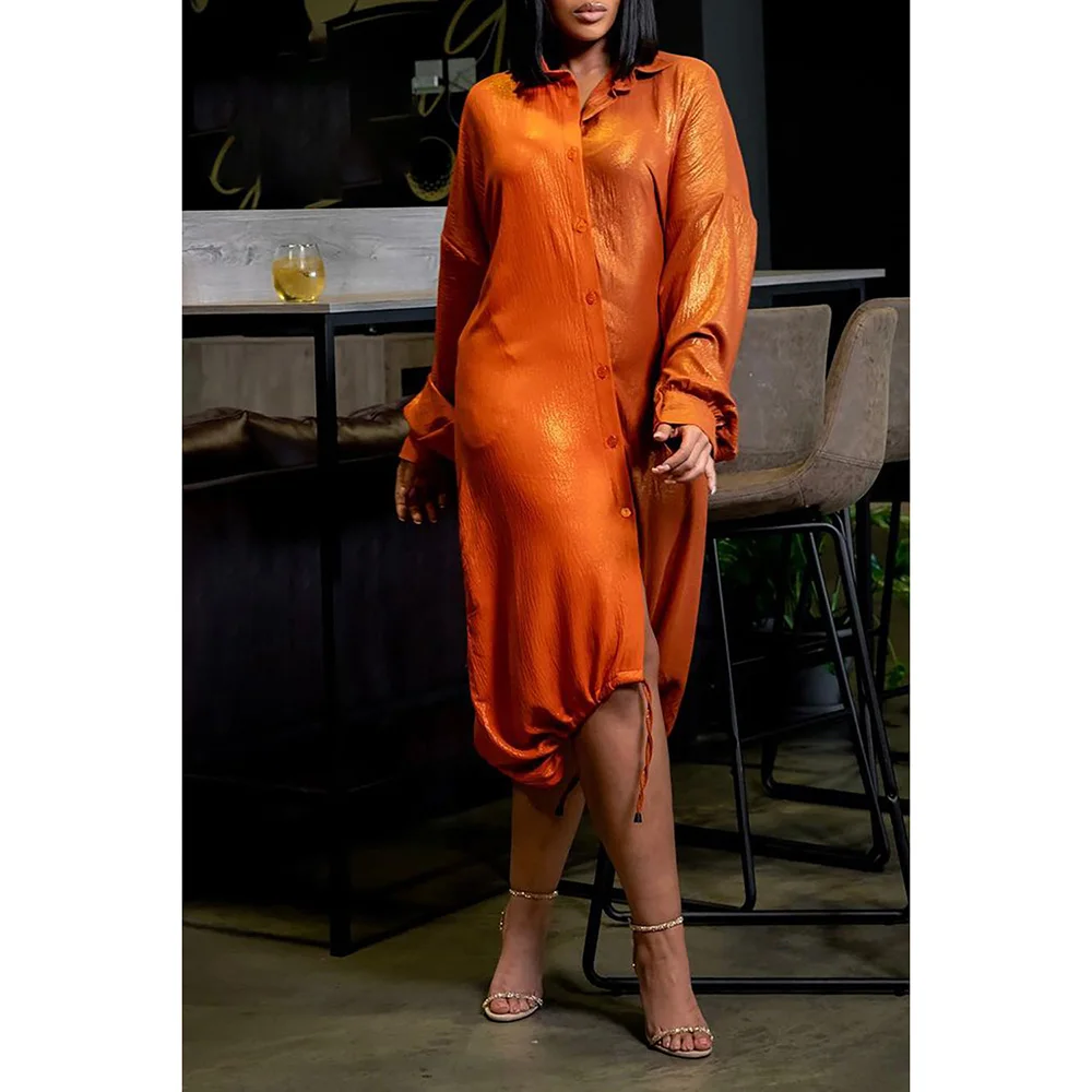 Plus Size Casual Daily Dress Orange Solid Glitter Ruched Button Long Loose Sleeve Shirt Lapel Neck Midi Dress