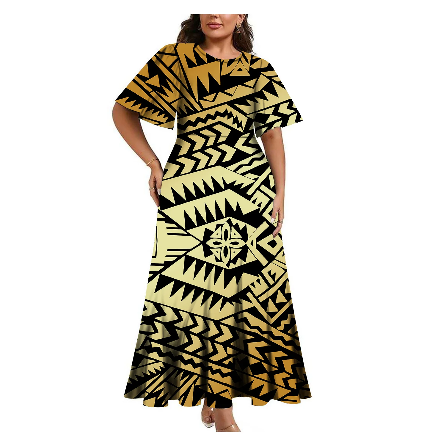 This High-End Fashionable And Elegant Polynesian Woman'S Dress Features A Cinched Waist Round Neck Mid-Sleeved And Loose Skirt