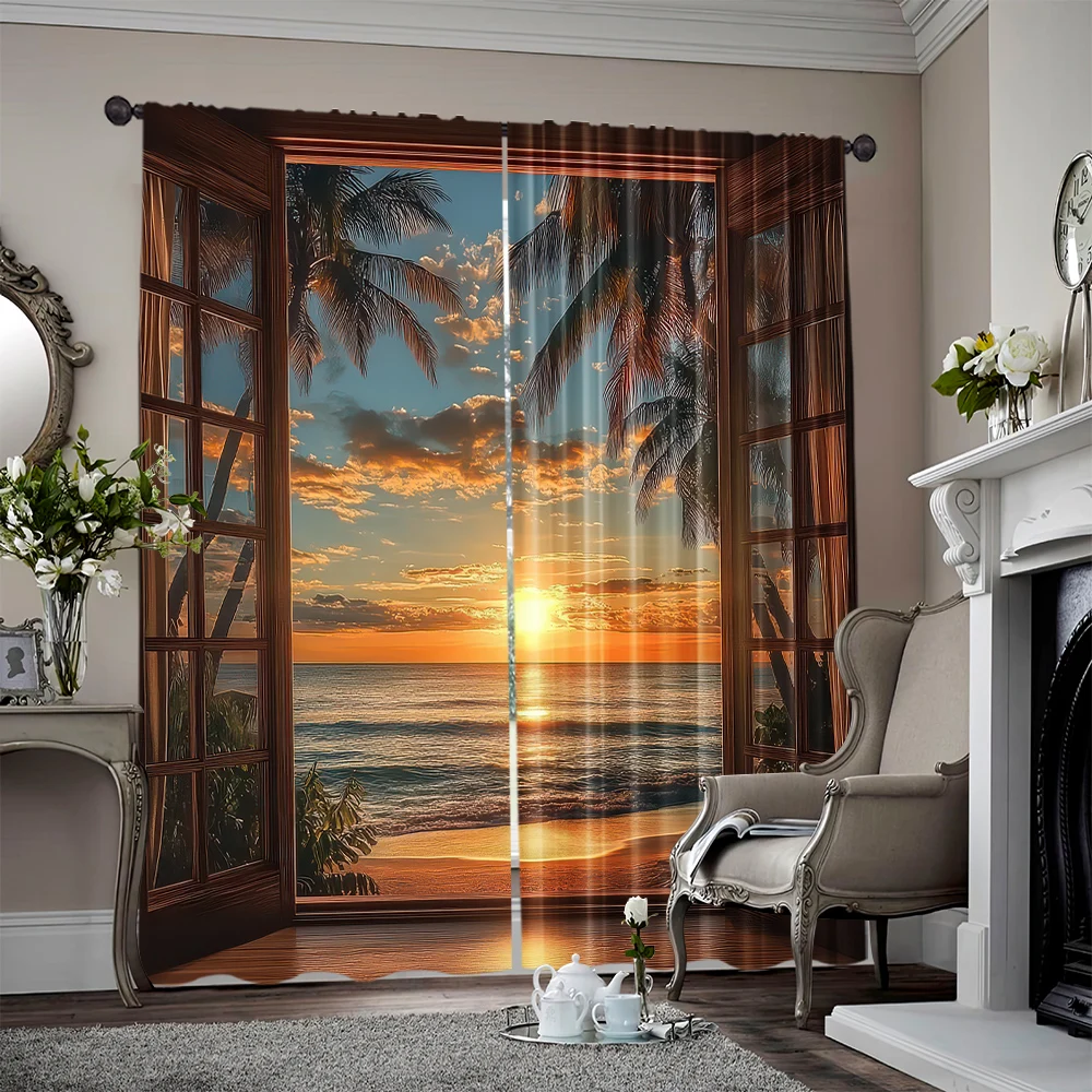 

2pcs, 2D flat printing Drapes Sunset Beach View Window Image Protecting Privacy Family Party Decoration Use for Carnival Decor