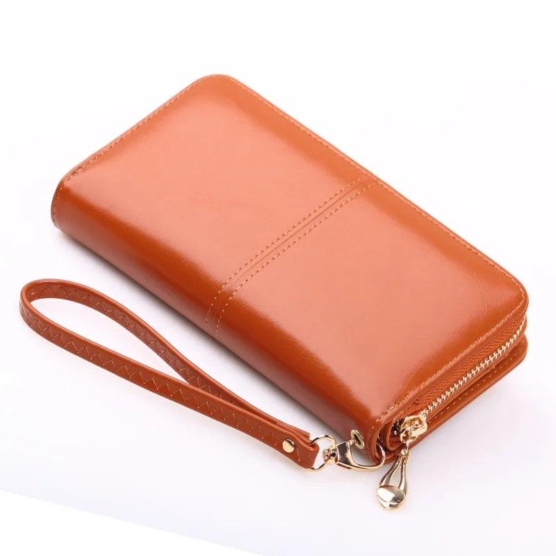 New Women Long Oil Leather Trifold Wallet Large Capacity Zipper Phone Clutch Purse Fashion Handheld Card Holder Organizer Bag