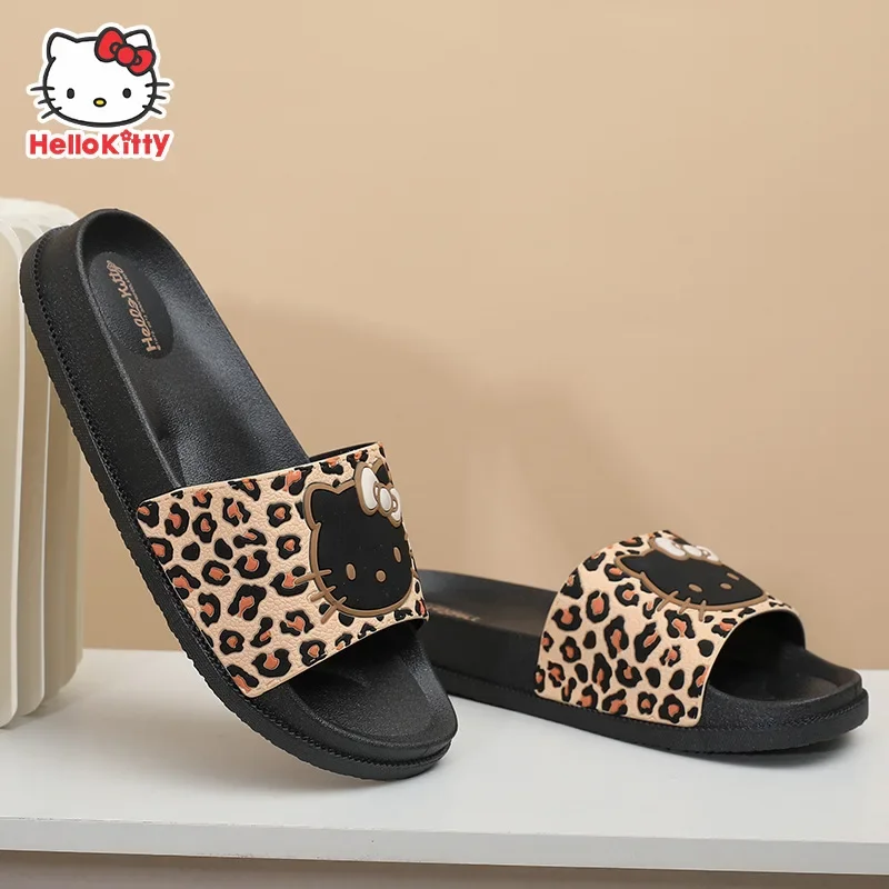 Hello Kitty Leopard Print Slippers Kawaii Summer Home Bathroom Bath Sandals Creative Fashion Non-slip Travel Can Be Worn Outside