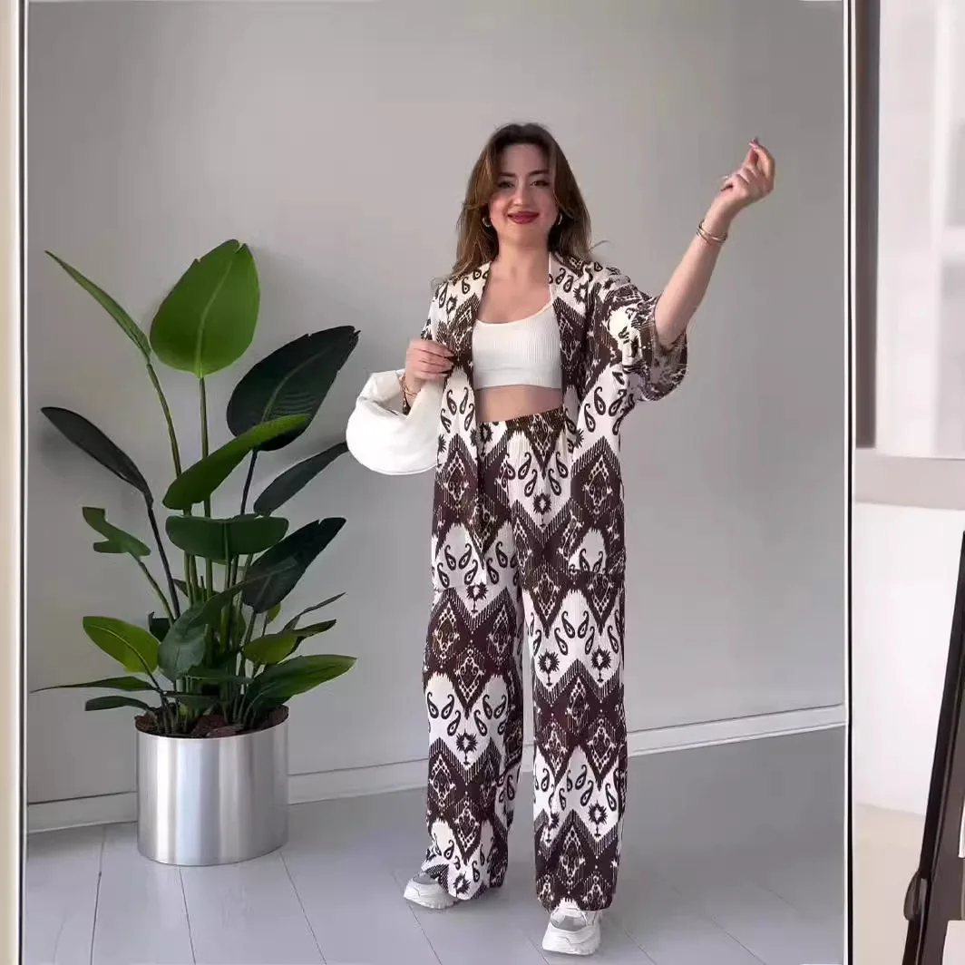 

Casual Boho Print Two Piece Set Fashion Commuting Seven-quarter Sleeve Loose Cardigan High Waist Wide Legs Pants Set For Women