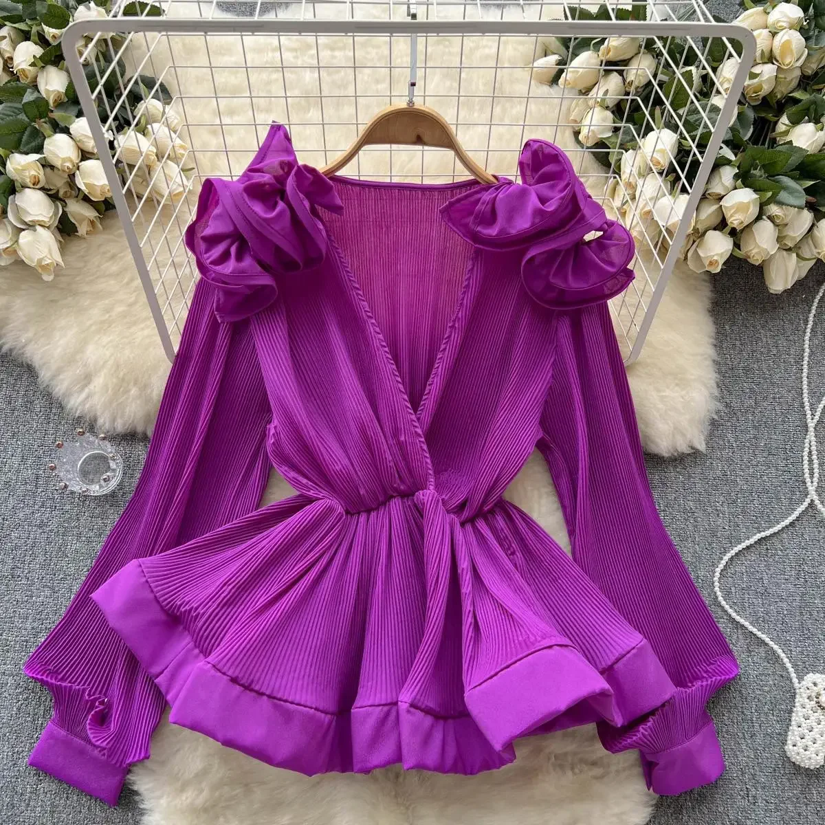 Chic Sweet Ruffle Pleated Long Sleeve V Neck Blouse Elegant French Fashion Sexy Shirt Spring Autumn Women Top