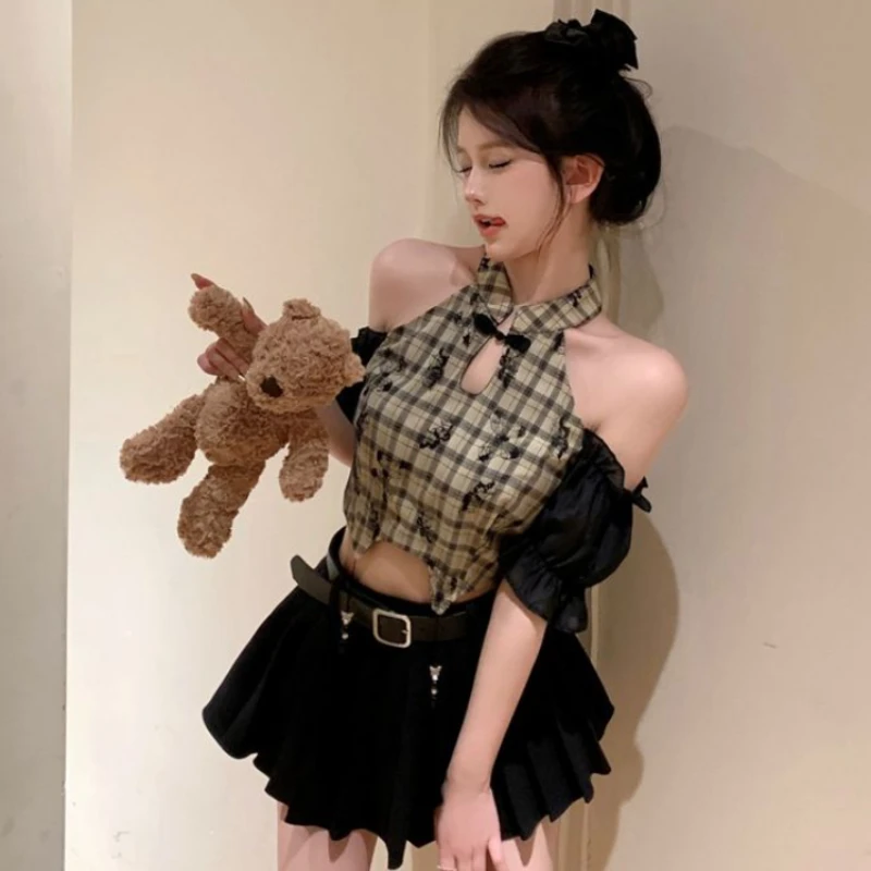 Crop Plaid Blouses Women Chinese Style Halter Vintage Aesthetics Summer Designer Elegant Temper Ladies Chemise Femme All-match