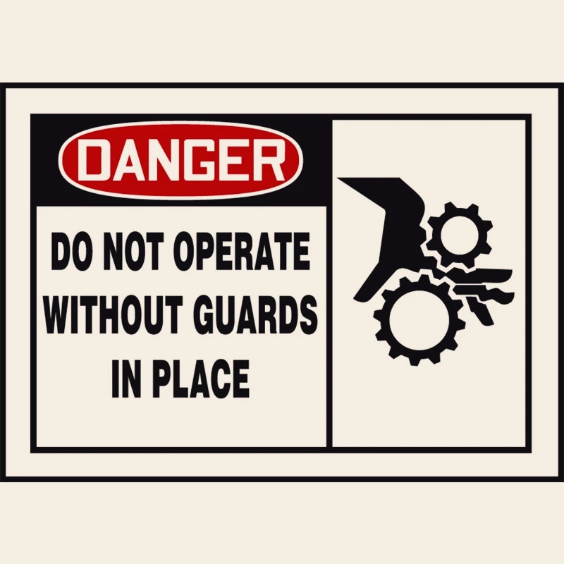 

Safety Label, Legend "Danger DO NOT Operate Without Guards in Place" with Graphi Adhesive Vinyl, Red/Black on White 15CM PVC KK